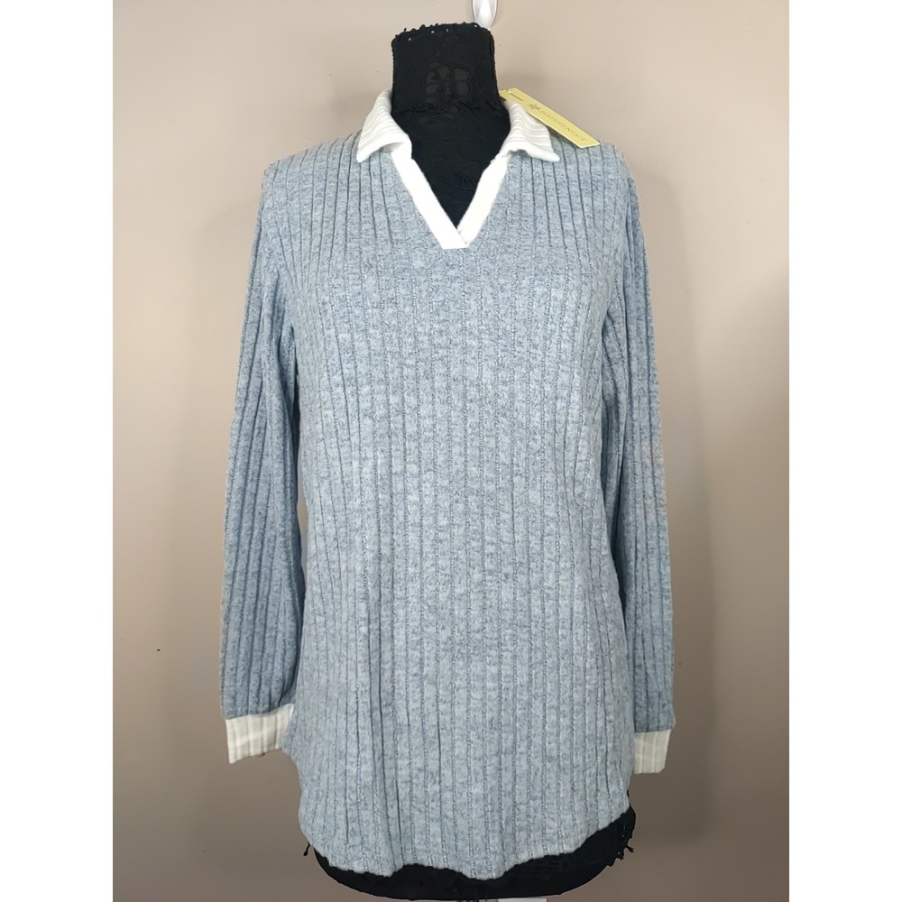 BAISHENGGT Blue White‎ Contrast Collar Casual Long Sleeve Ribbed Tunic Sweater L